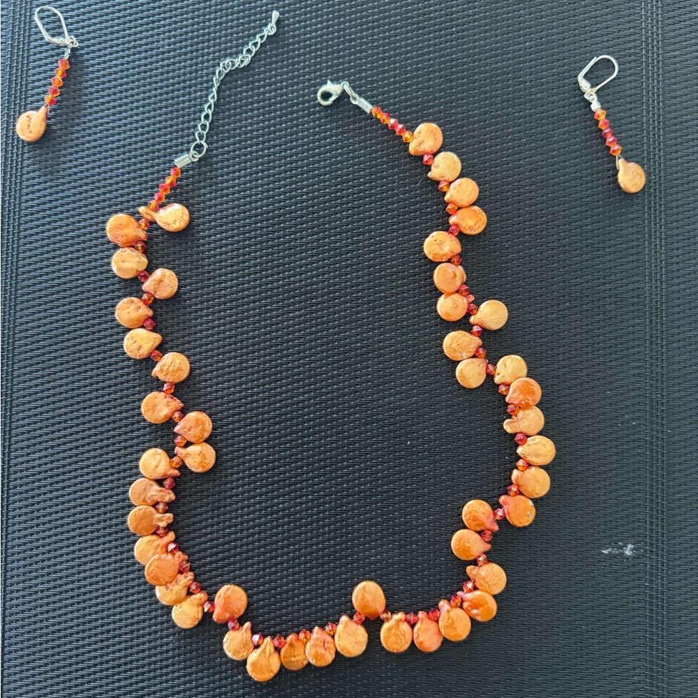 Orange Coin Pearl Earring Set